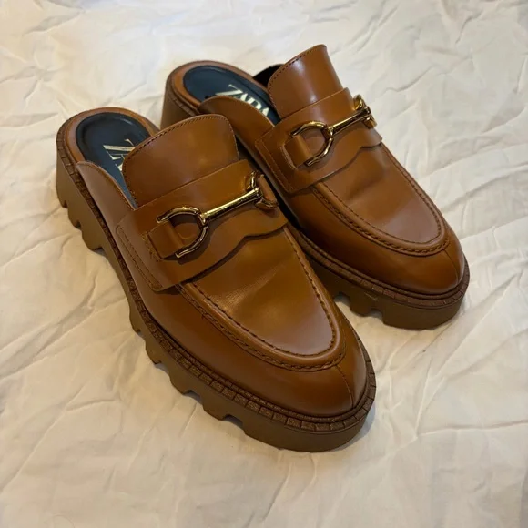 Zara Brown Leather Horsebit Mule Loafers - Picture 2 of 7